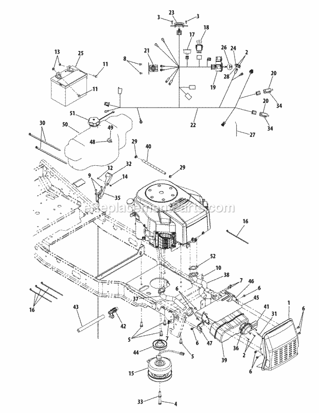 Engine Connections & Battery Diagram and Parts List for FMZ50 17AF4BFP010, 17AF4BFP210, 17AF4BFP009, 17AF4B Cub Cadet Lawn Mower
